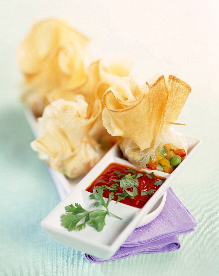 Filo pastry parcels with caramelized vegetables, tomato and coriander purée
