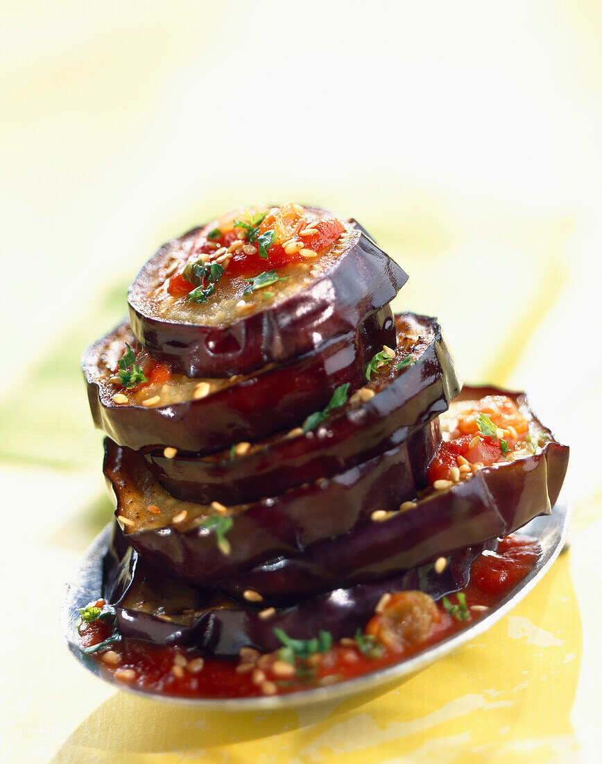 Aubergine, tomato and sesame seed salad