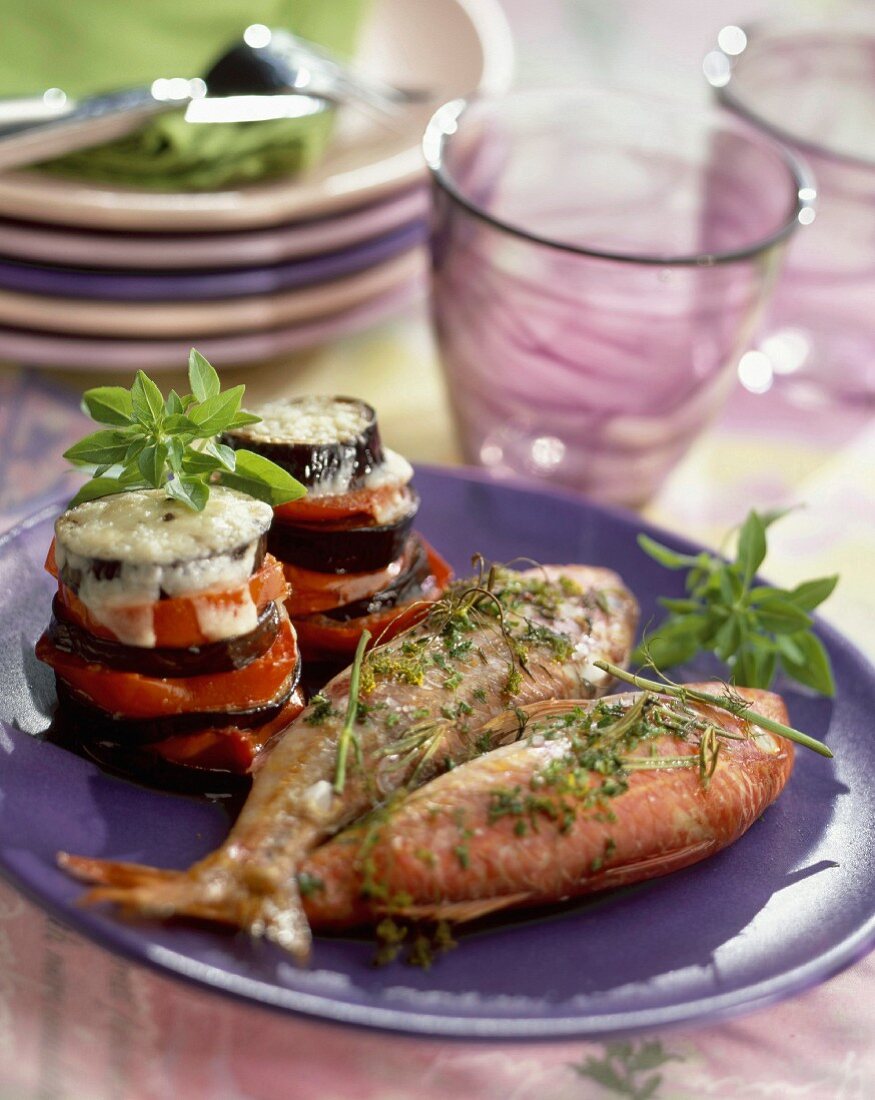 Mullet with herbs and baked aubergine