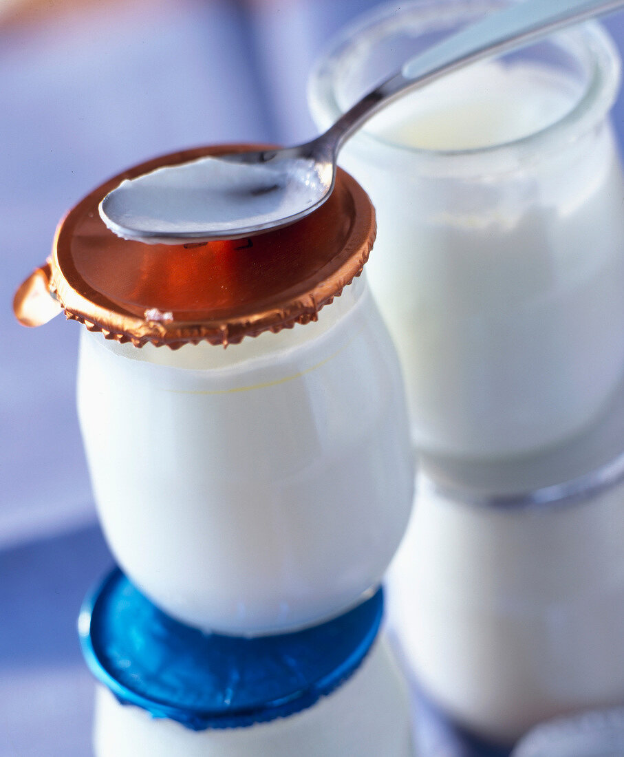 Joghurt in Gläsern mit einem Löffel