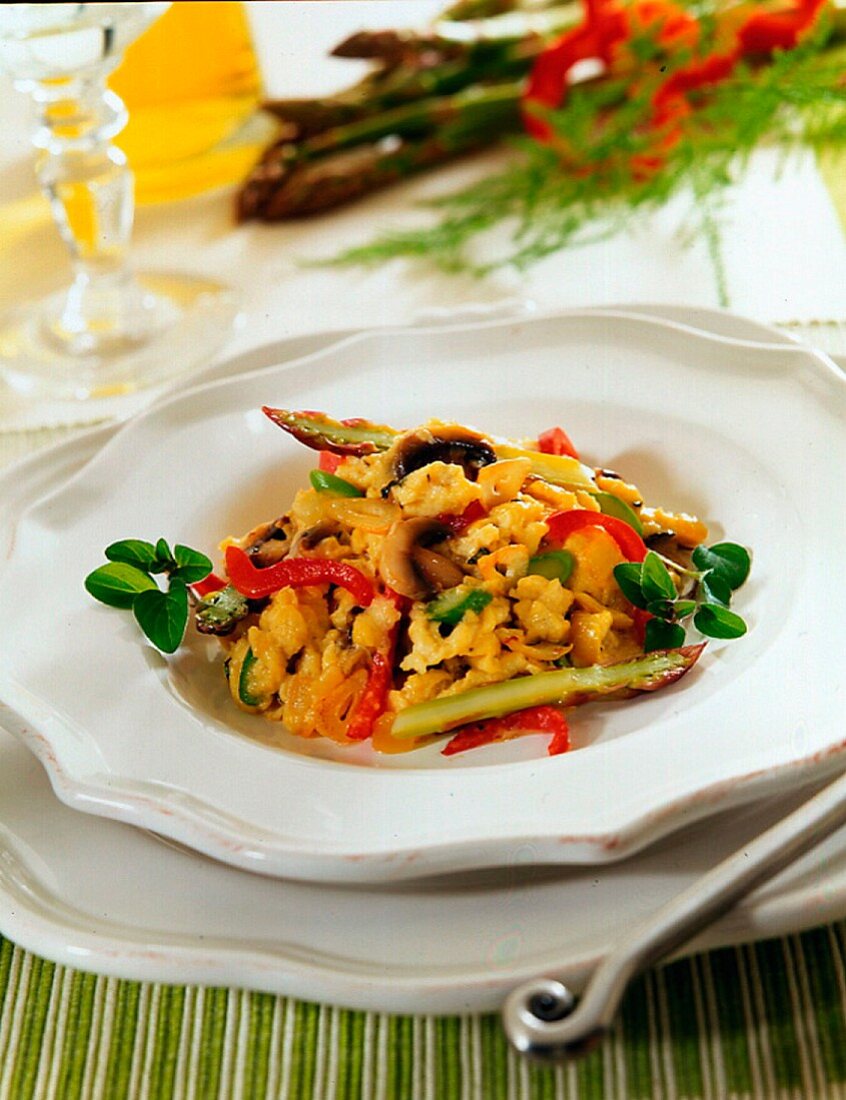 Sweetcorn with asparagus, peppers and mushrooms
