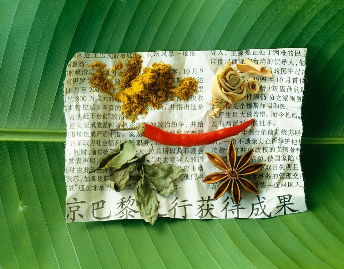 Selection of spices on newspaper