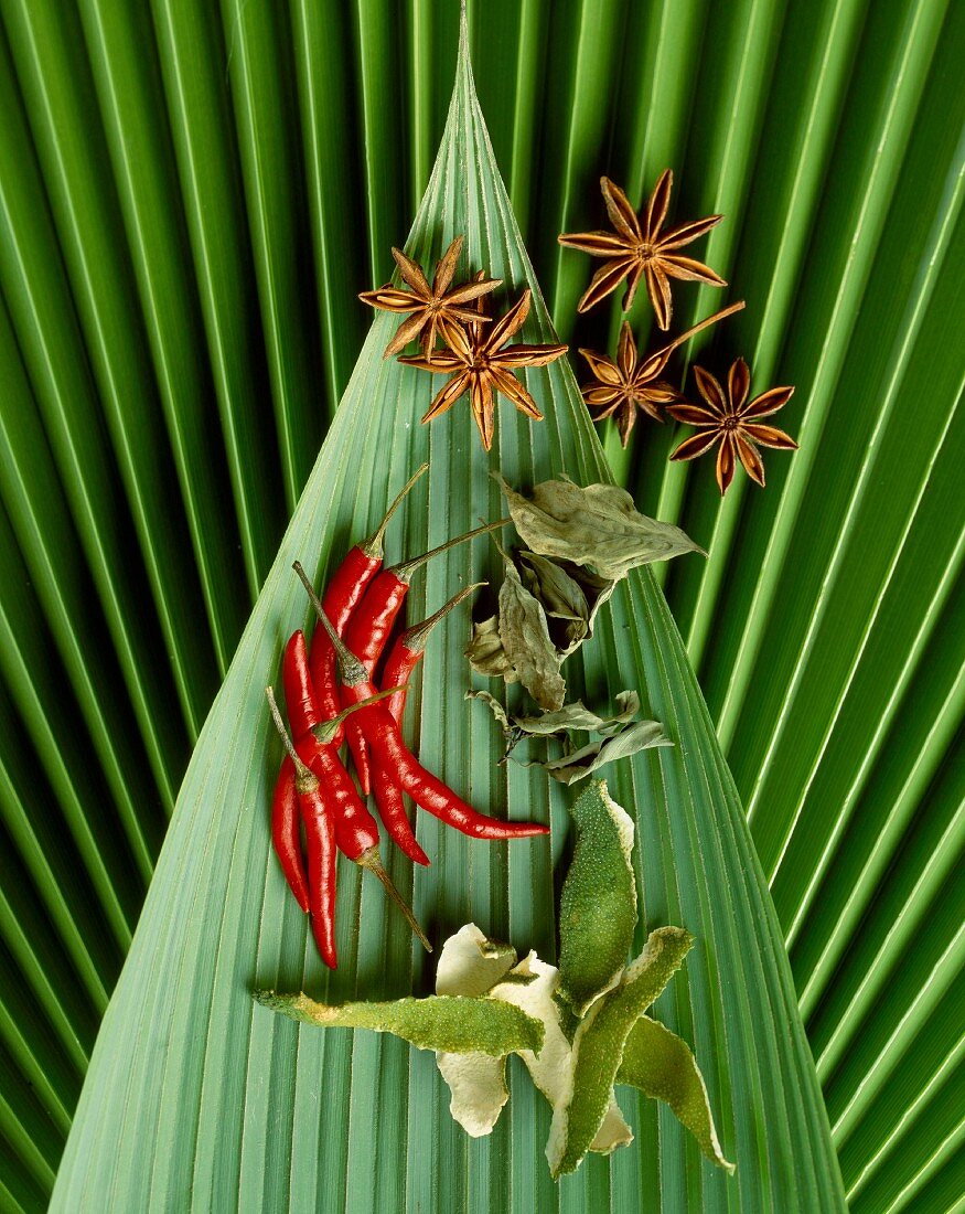 selection of spices on banana leaf