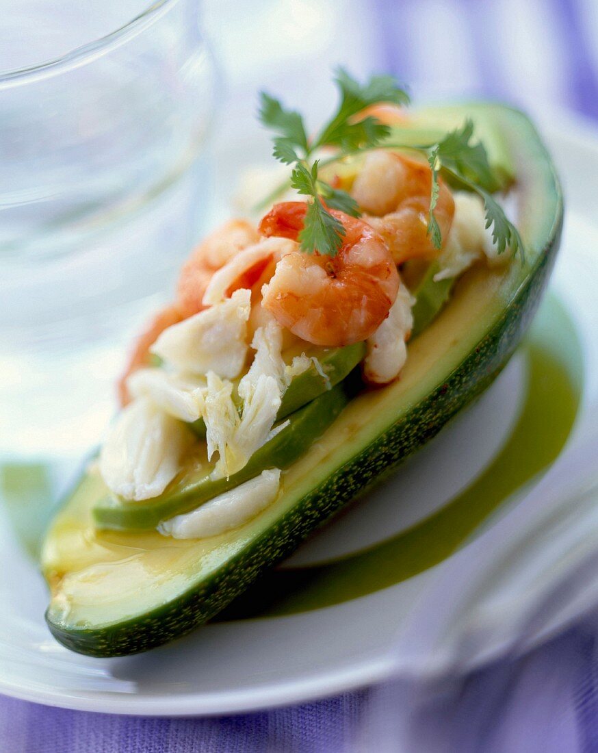 Avocado with prawns and crab