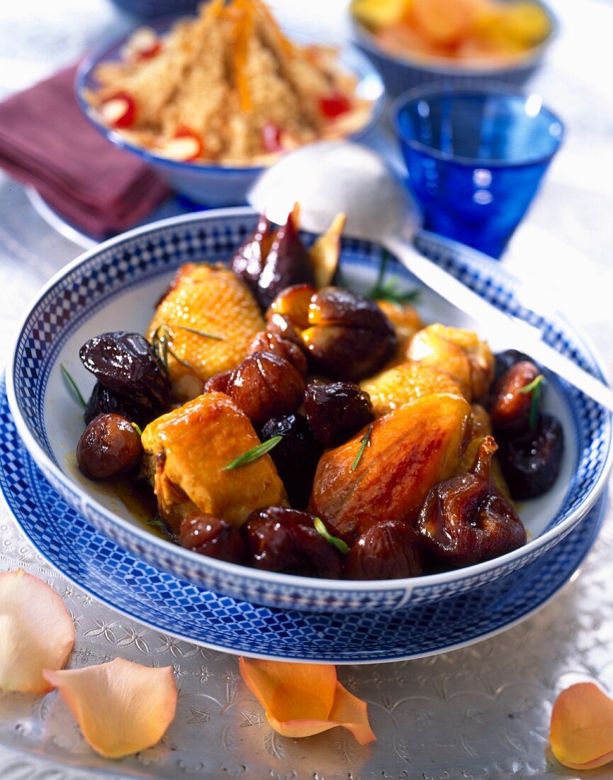 Capon Tajine with chestnuts, prunes and figs
