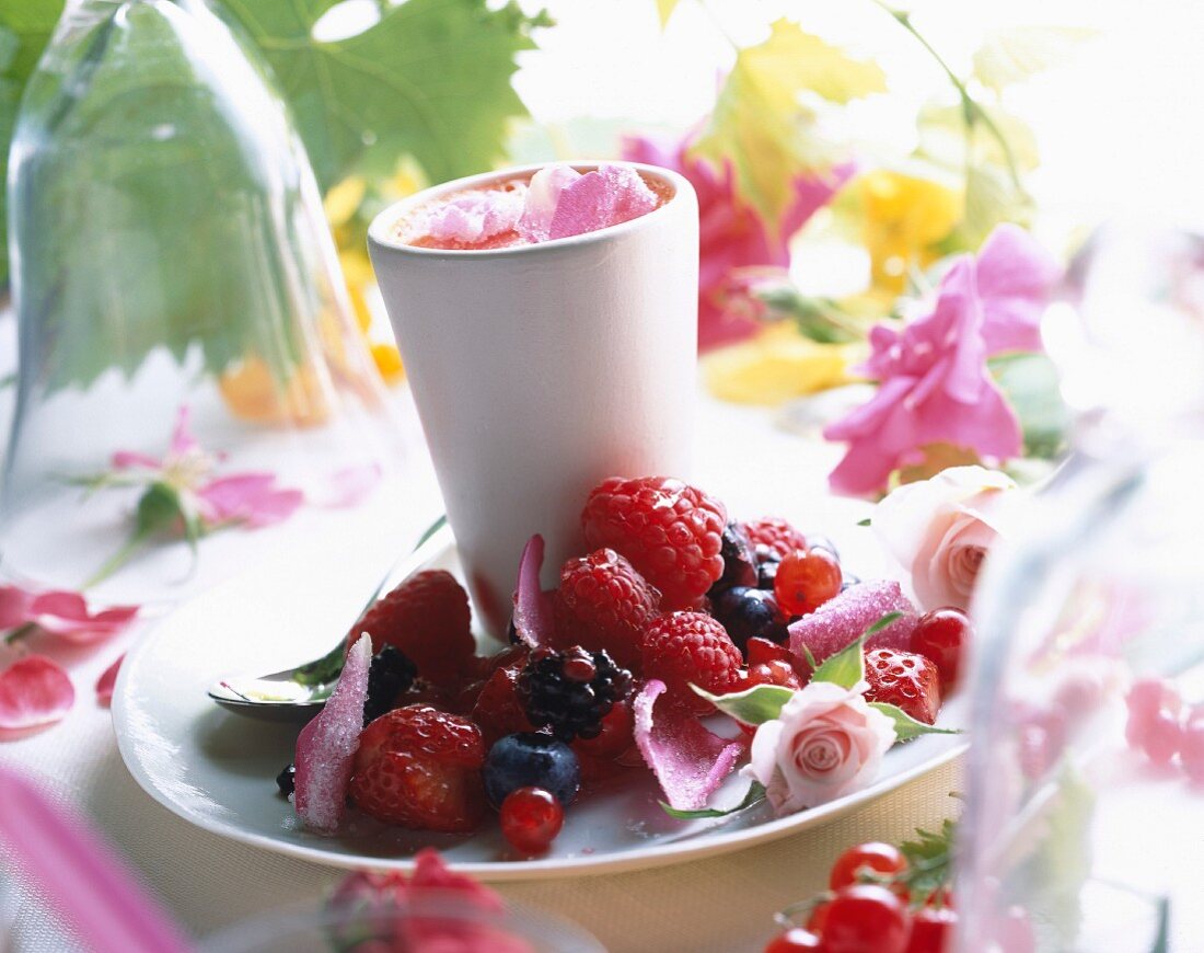 Rose and summer fruit cream dessert