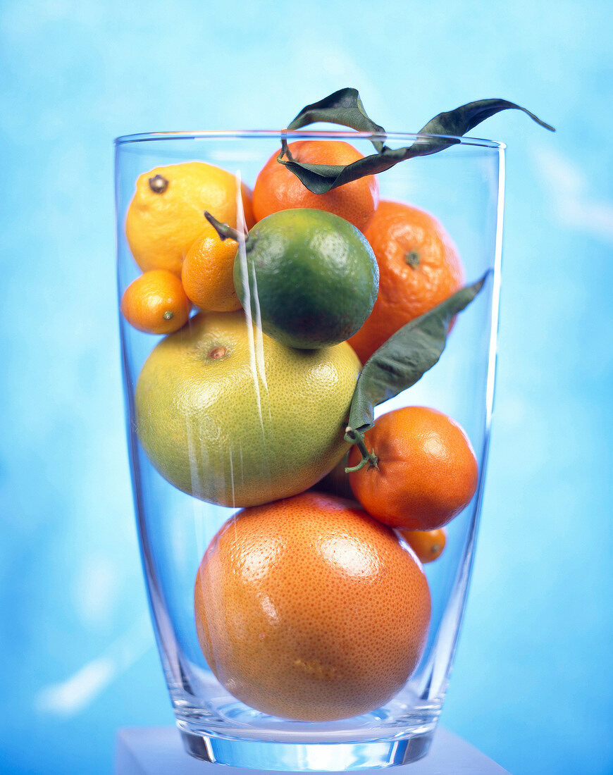 Zitrusfrüchte in grossem Glas vor türkisem Hintergrund