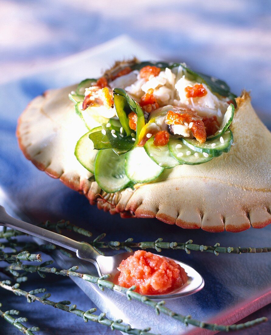 Crab with cucumber and scallop roe sauce