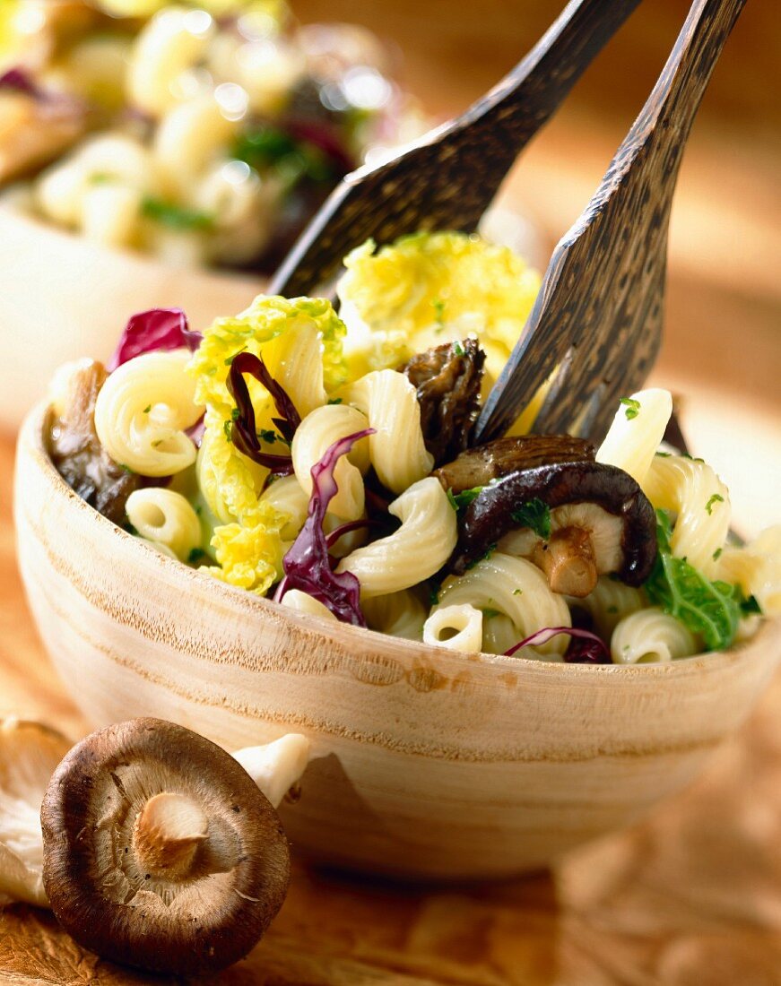 Cavatappi with cabbage and mushrooms