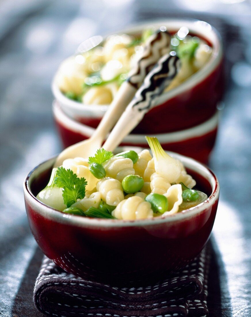 Gnocchi with fresh broad beans and onion shoots