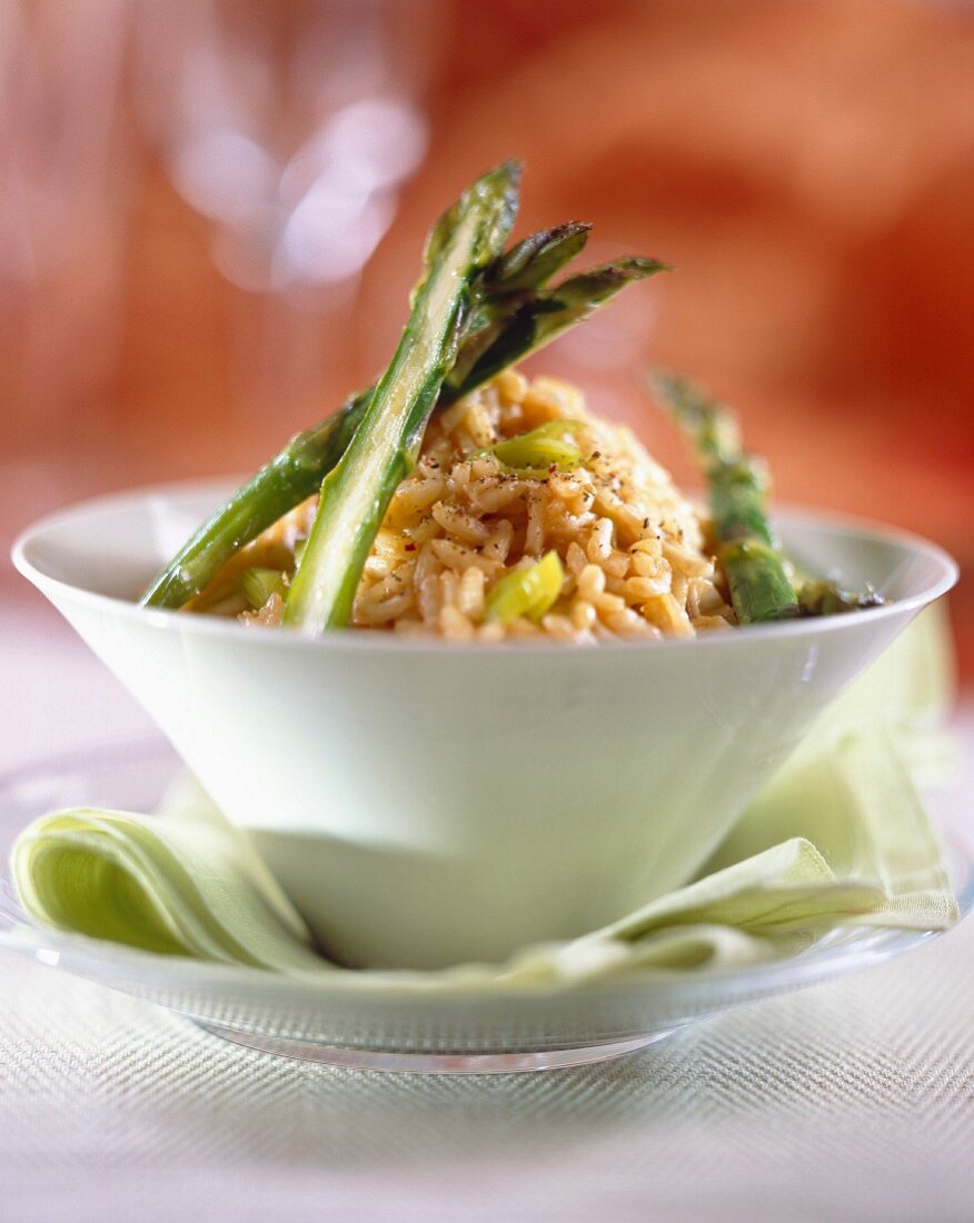 Lobster bisque risotto with asparagus tips