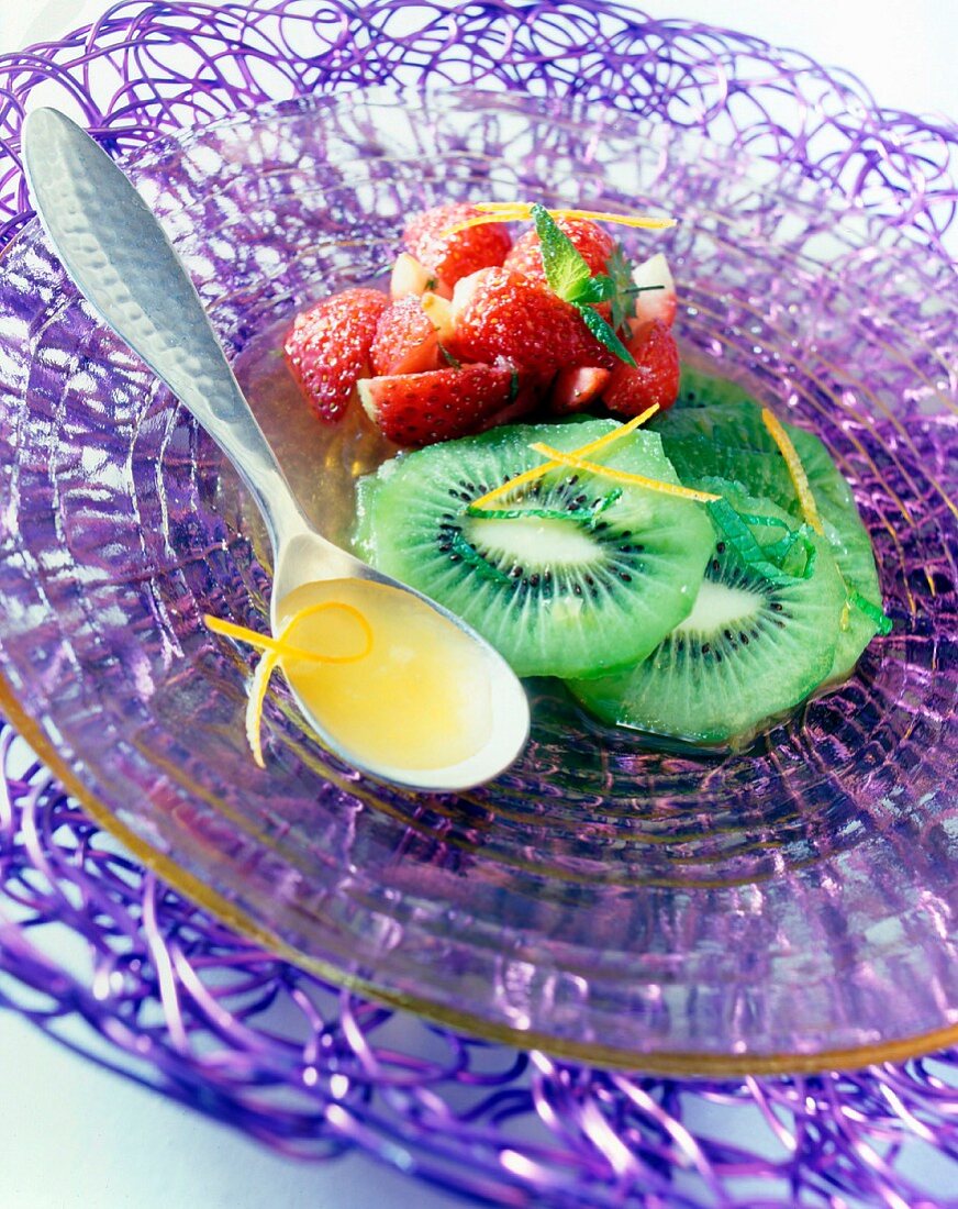 fruit salad kiwi and strawberry and orange juice