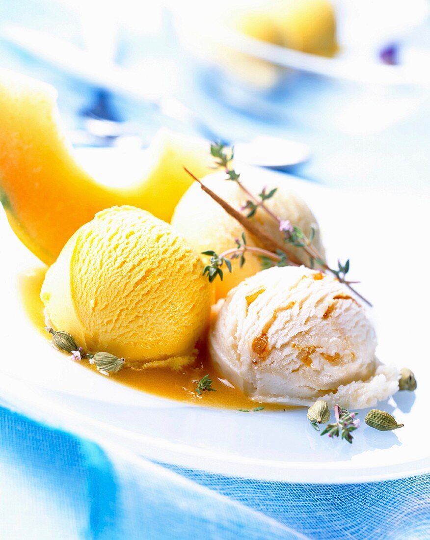 Melon, mango and nougat ice cream with apricot sauce