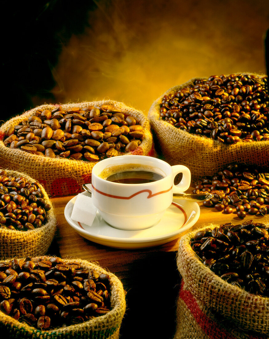 Tasse Kaffee mit zwischen Säcken mit Kaffeebohnen