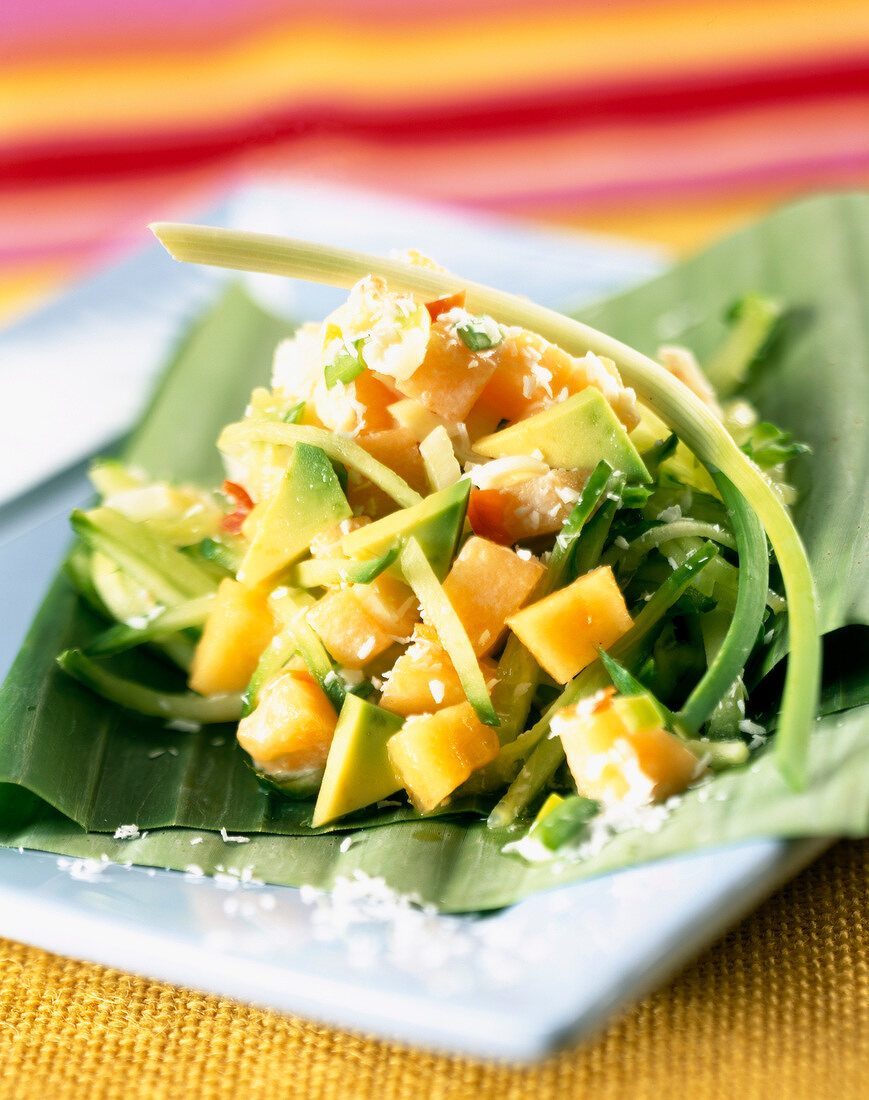 Melon,avocado,cucumber and coconut salad