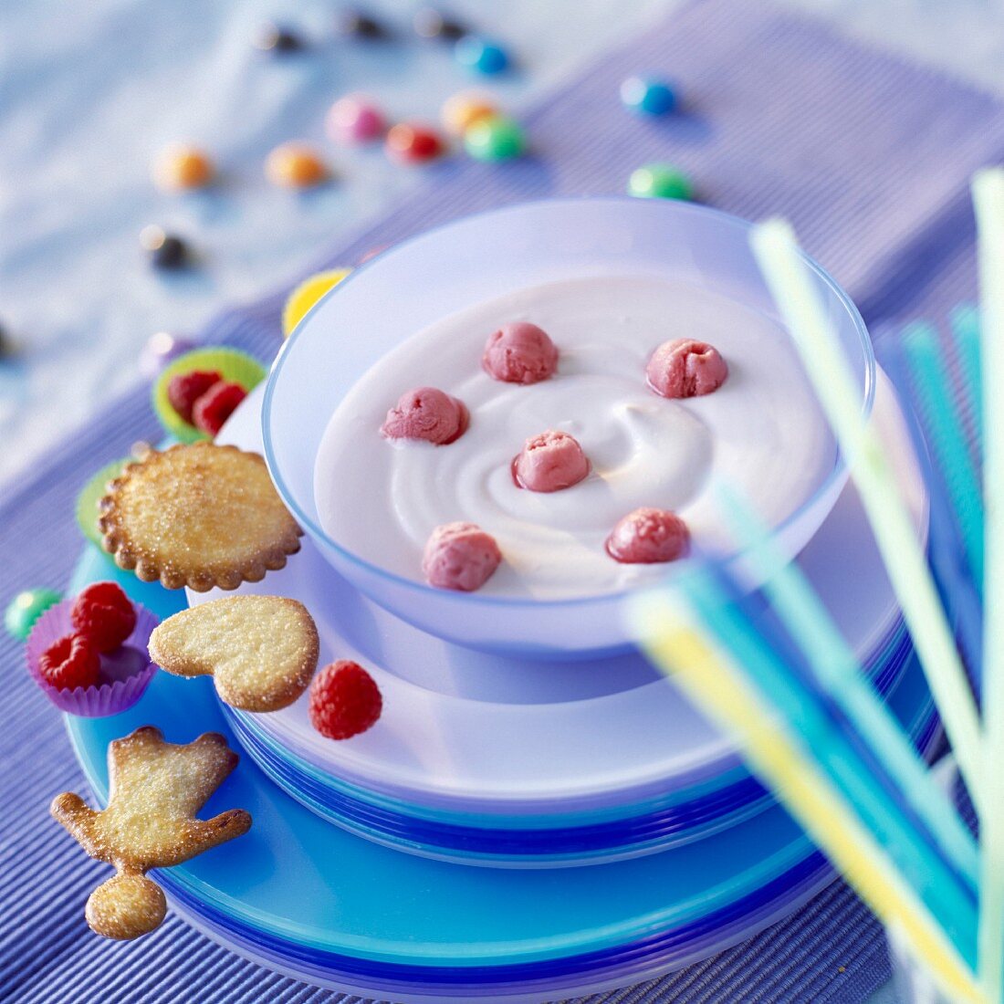 Kids tea with raspberry sorbet and fromage frais