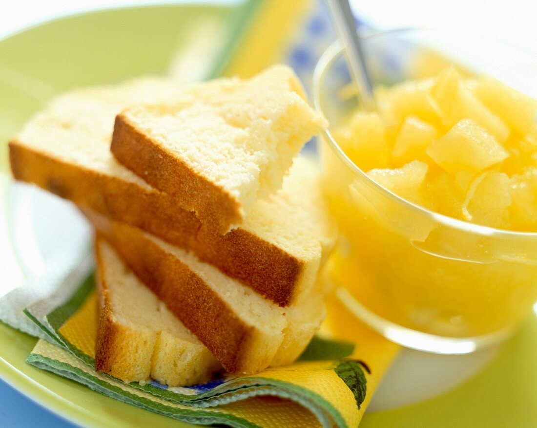 slices of cake and diced fruit