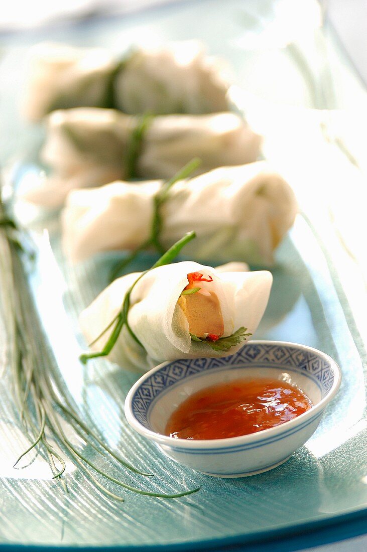 Foie gras spring rolls with ginger sauce