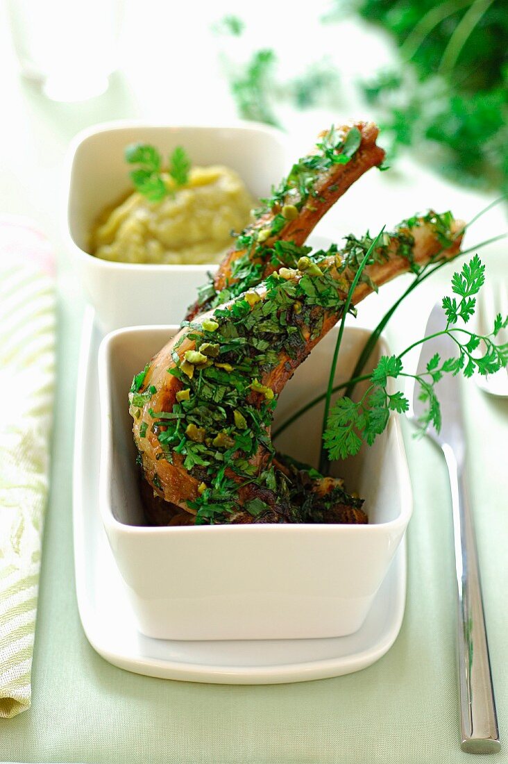 Lamb chops coated in herbs and pistachios