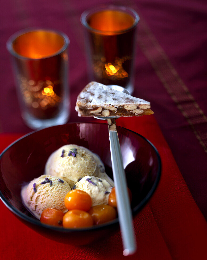 Nougat Christmas tart, kumquats and lavender ice cream