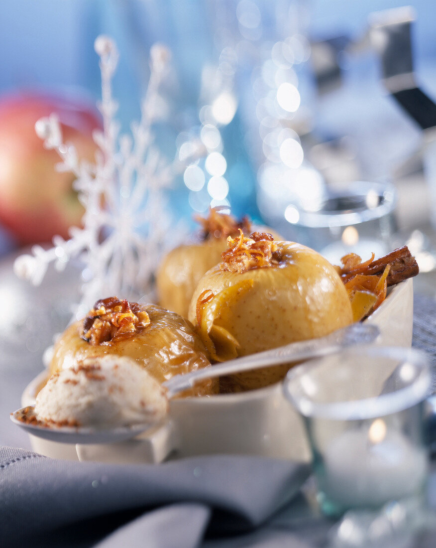 Baked apples filled with walnuts and ice cream