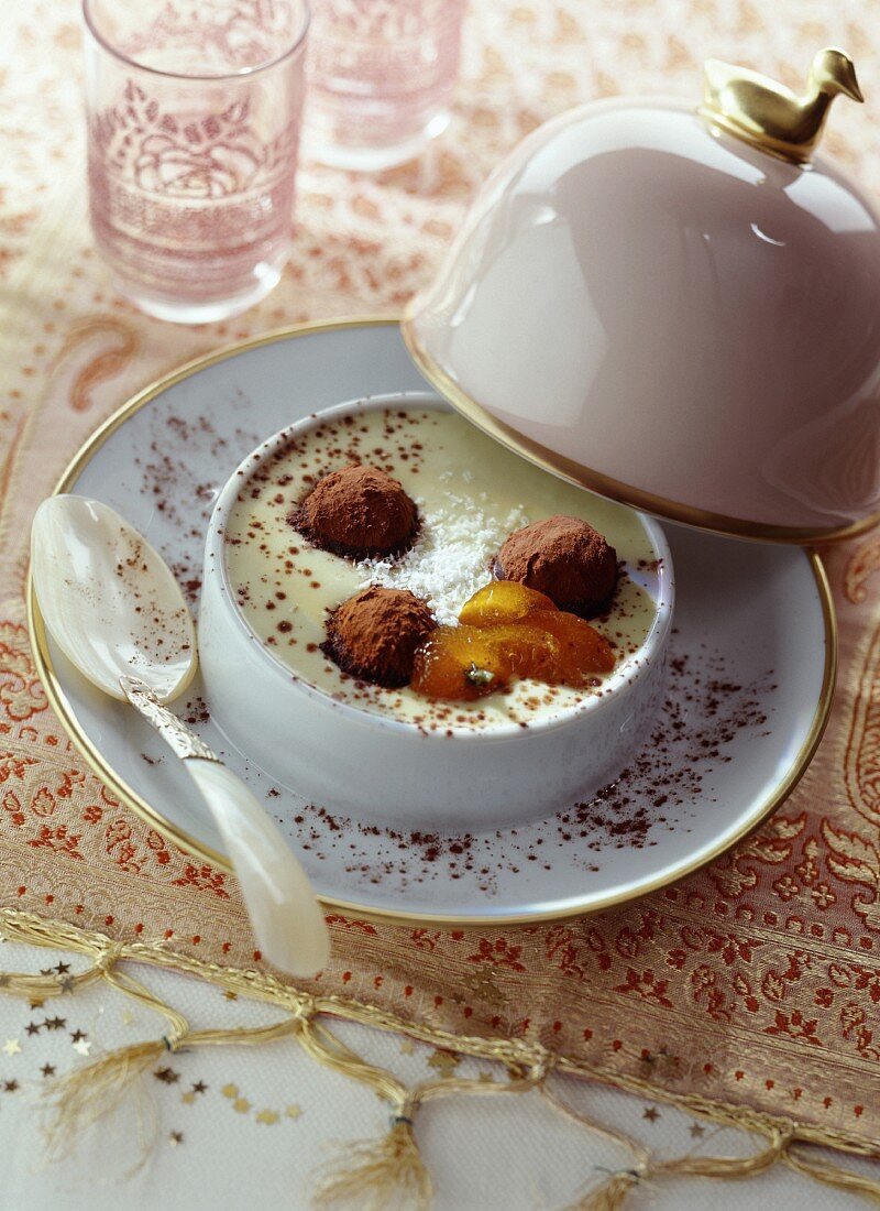 Coconut milk and green tea soup with truffles