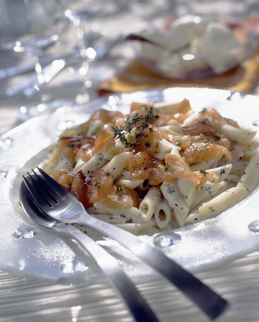 Pasta salad with mascarpone and raw salmon marinated in fresh thyme