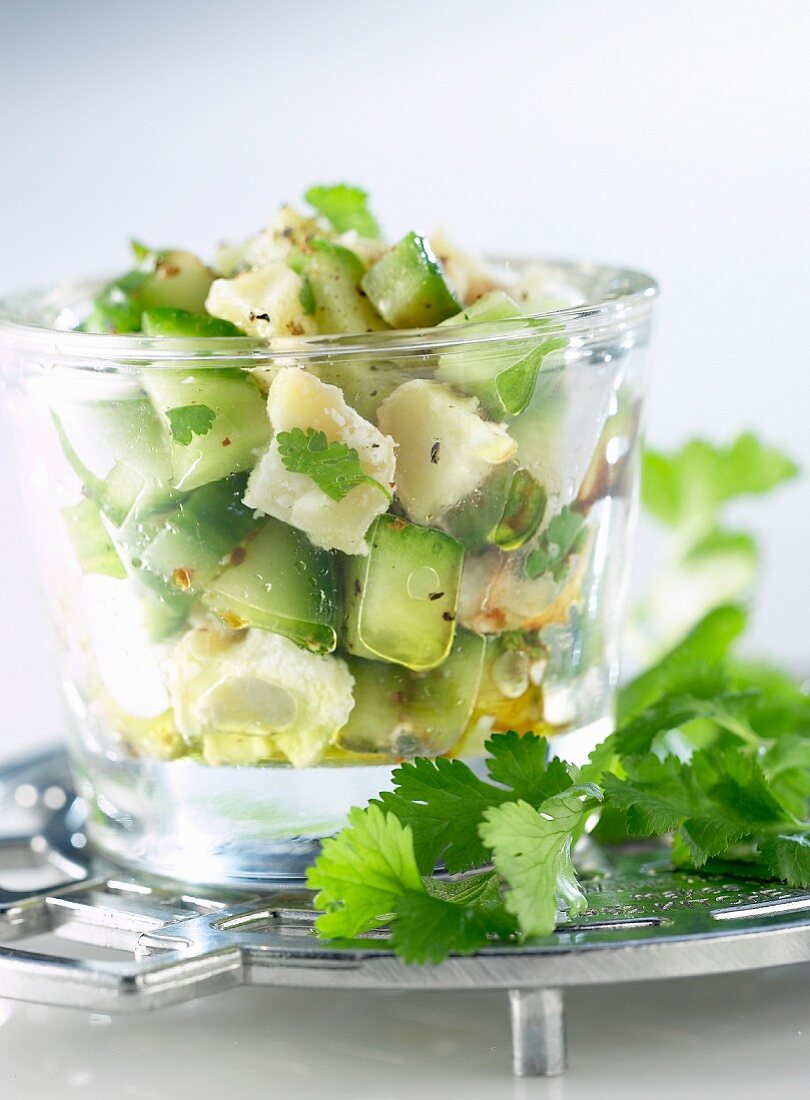 Chilled diced cod and cucumber with coriander