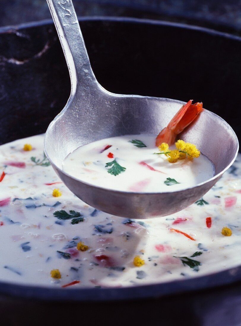 Thai-Suppe mit Mimosenblüten