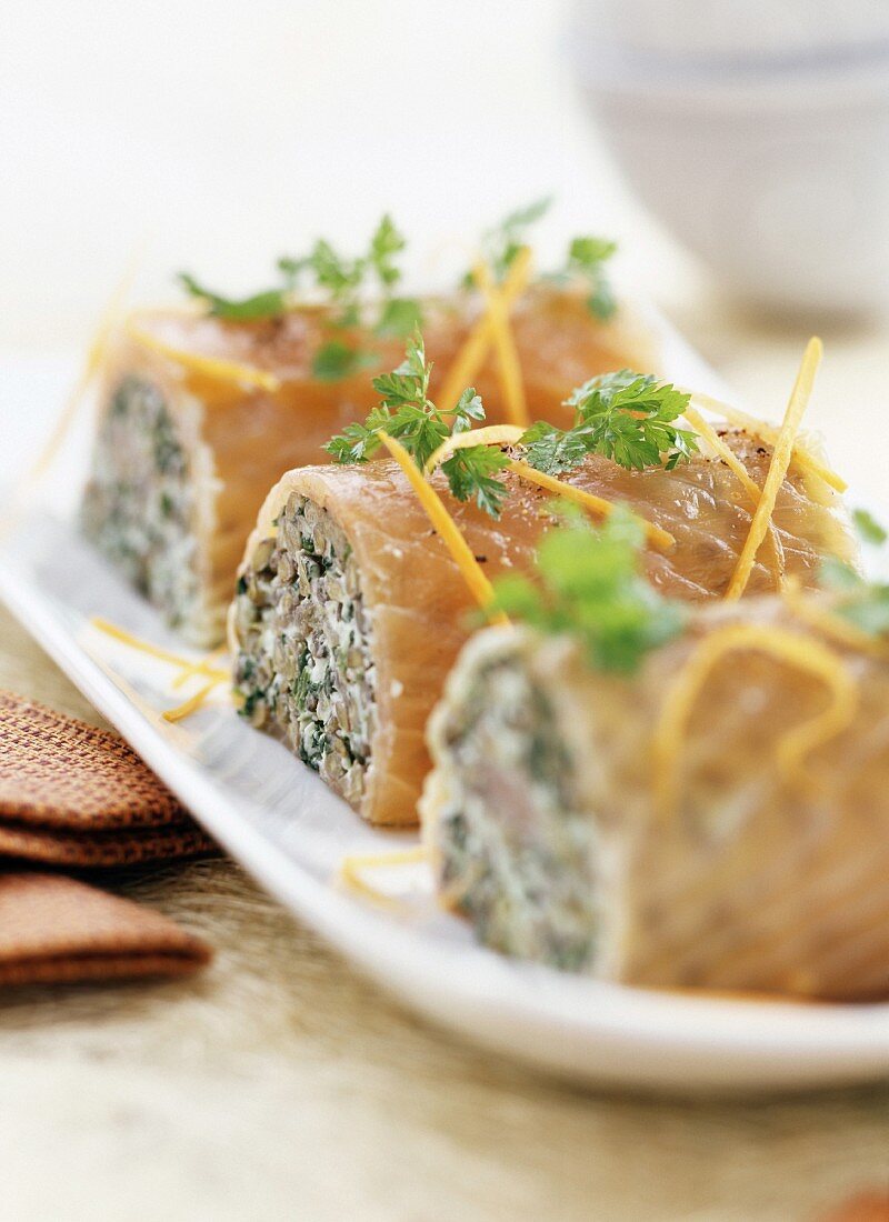 Mini salmon, puy lentil and cress logs