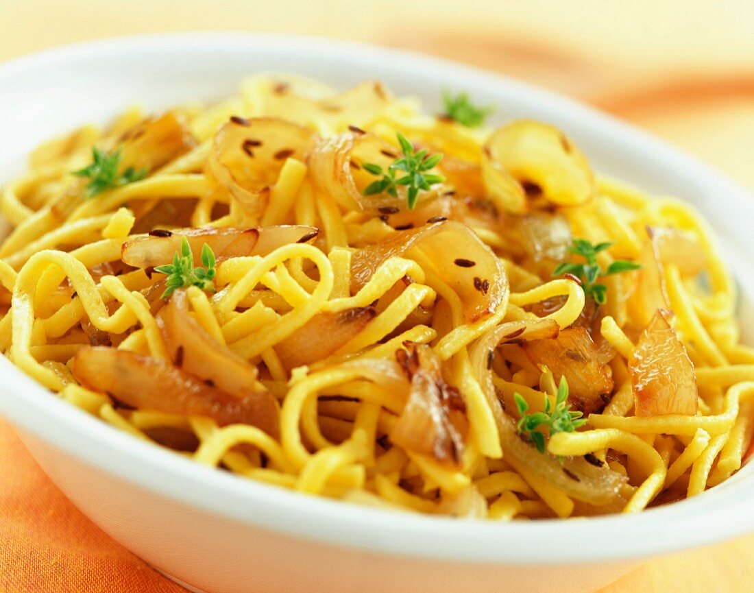 Spatzle fried noodles with onion and coriander