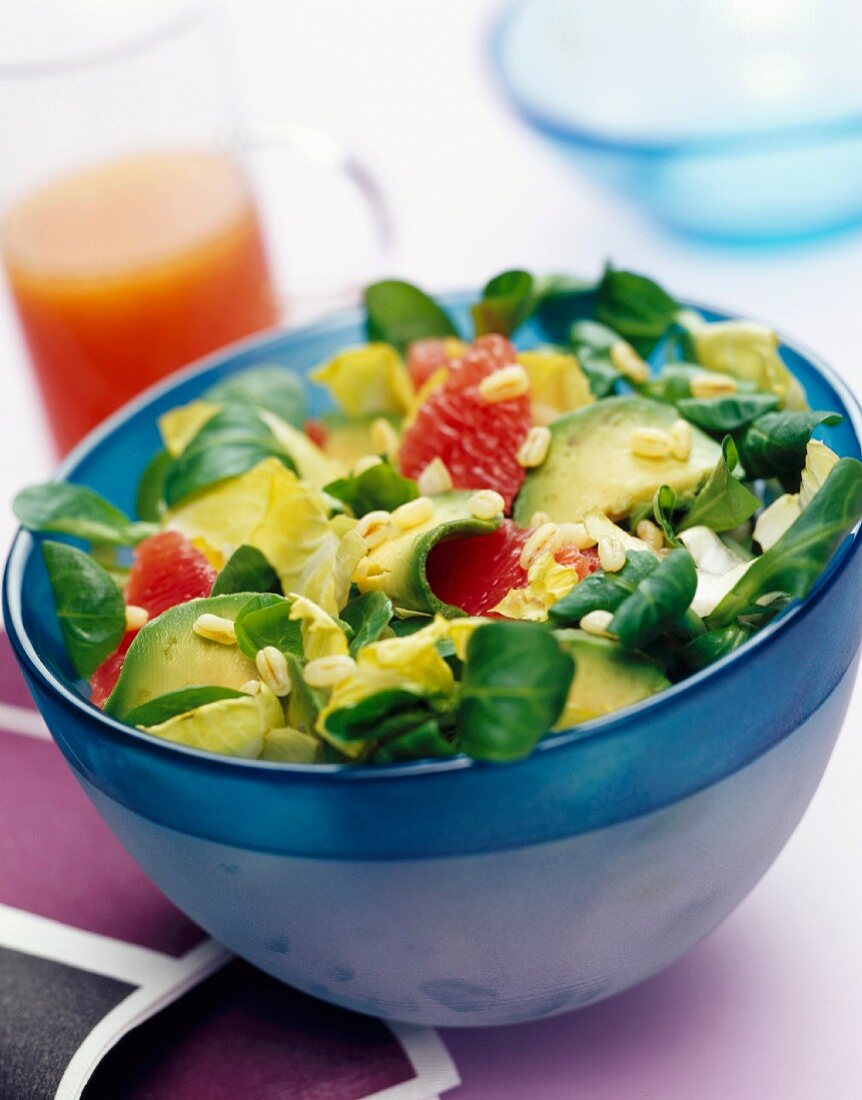 Feldsalat mit Chicorée, Grapefruit, Avocado und Weizen