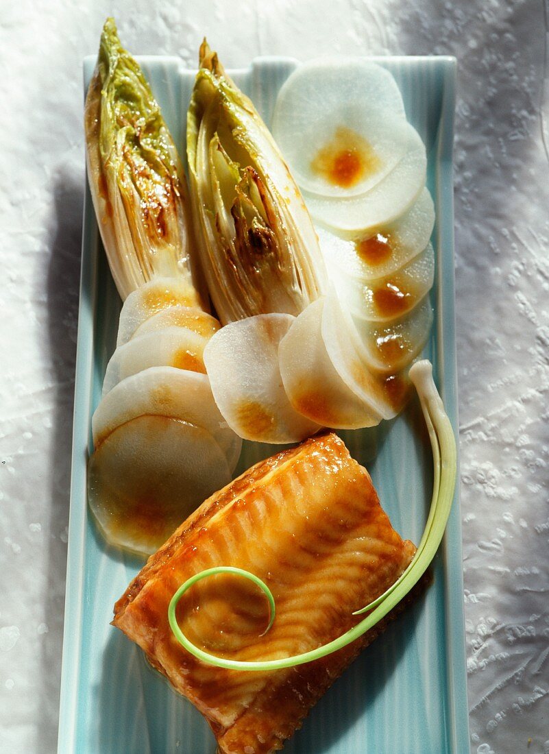 Caramelized sole with French endives and turnips
