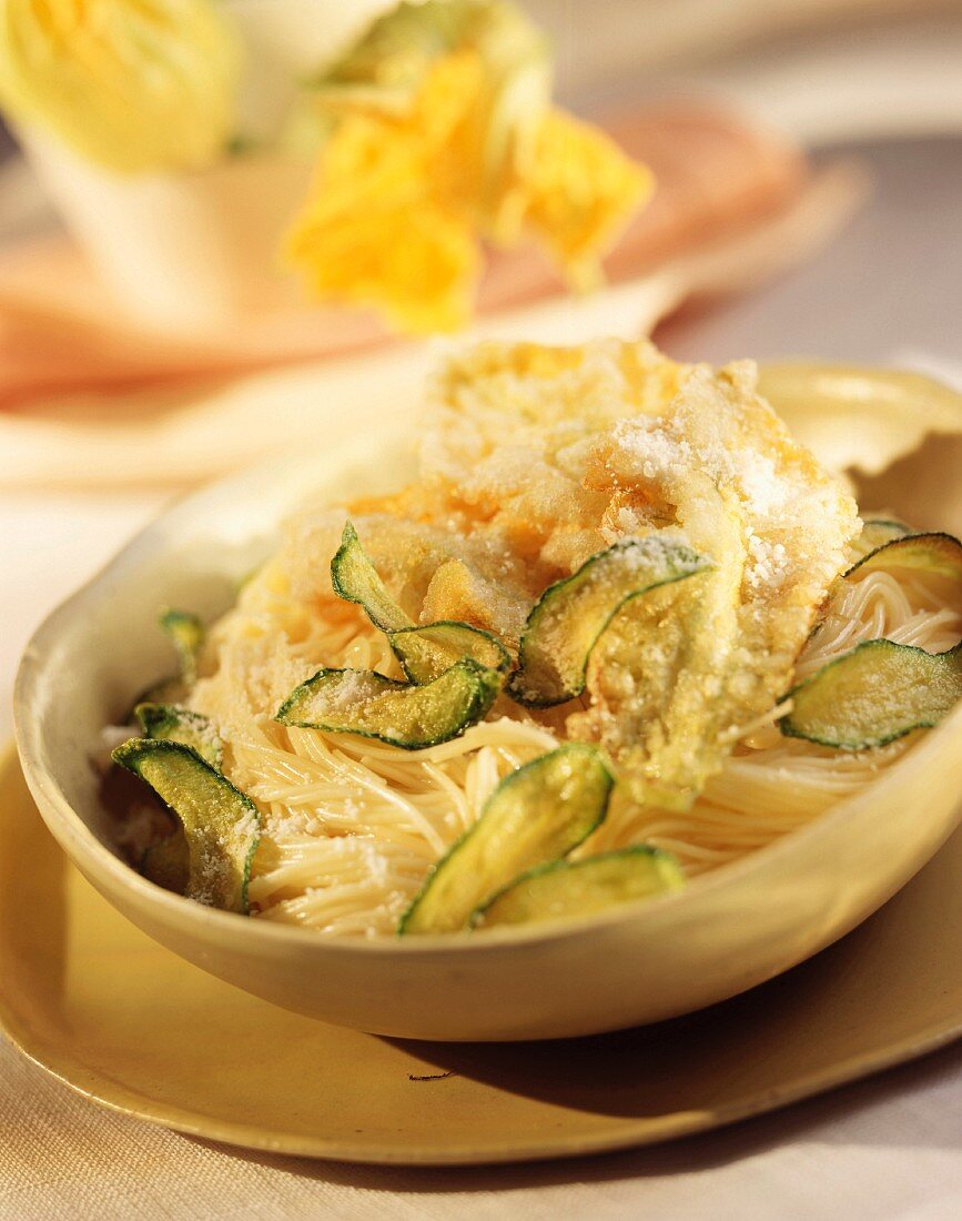 Vermicelli pasta with courgette flowers and courgette tempura