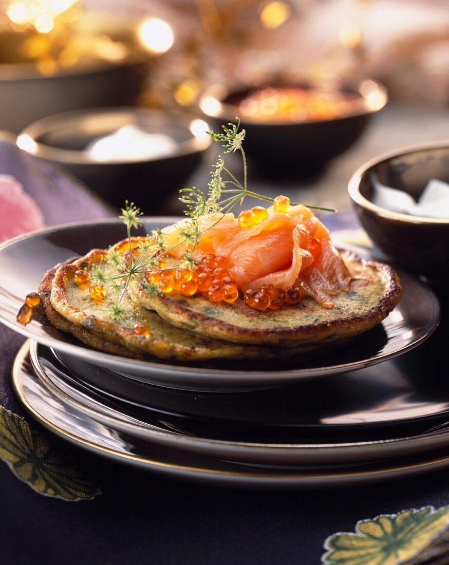 Pickled salmon with potato blinis