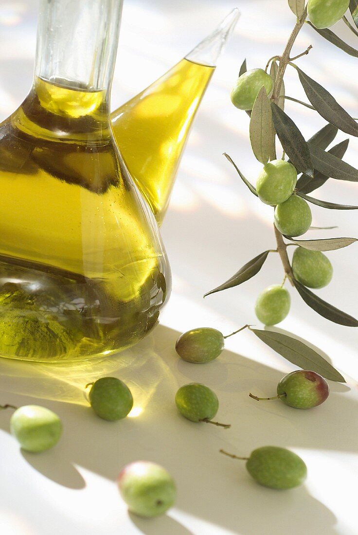 Kanne Olivenöl mit frischen Oliven