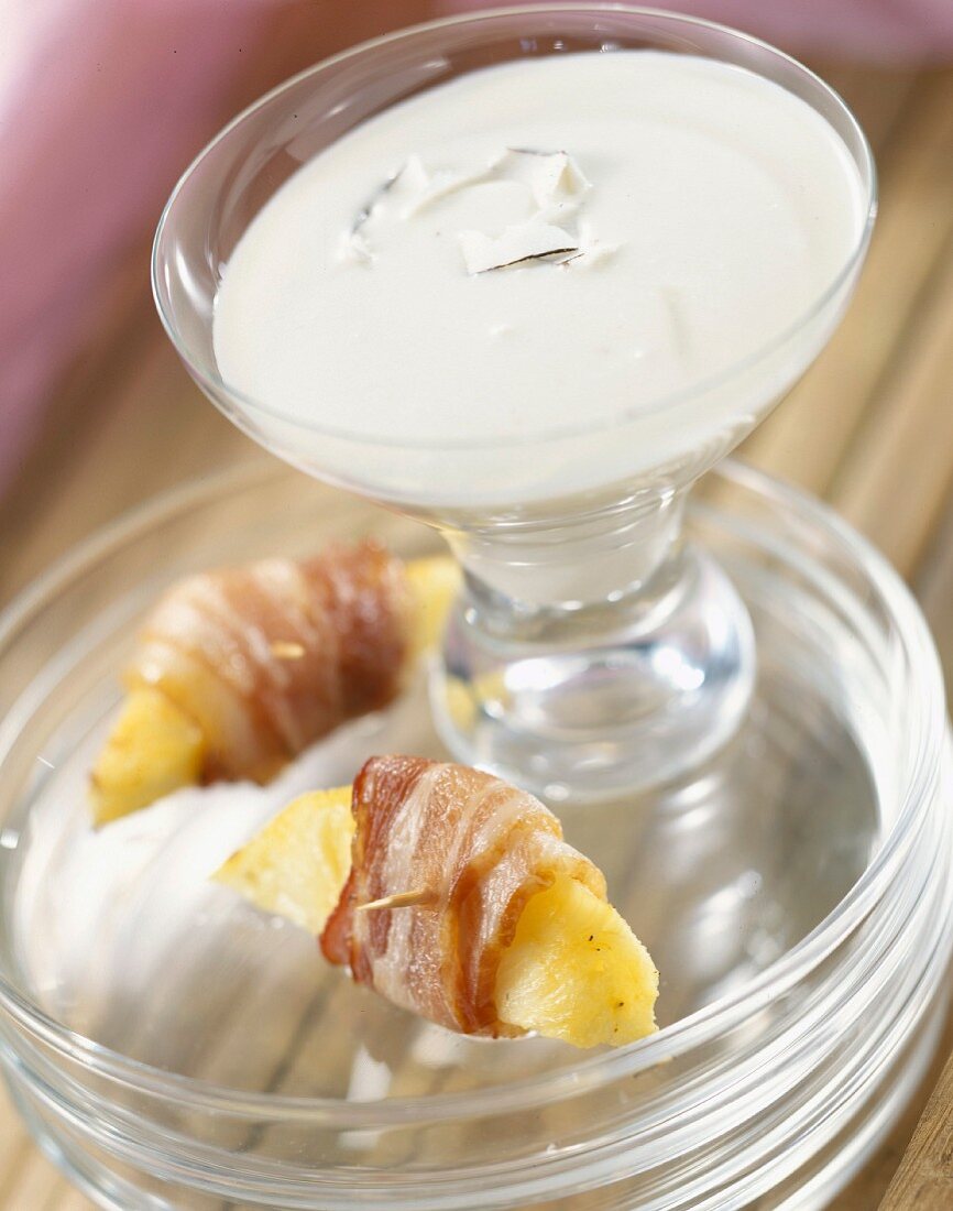 Coconut milk, pinapple and bacon appetizers
