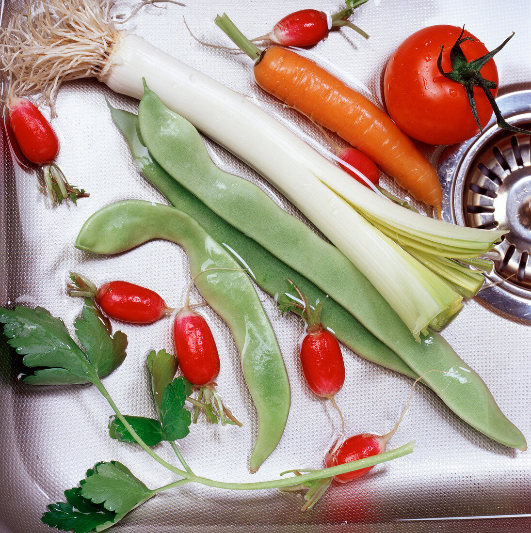 Fresh vegetables in sink