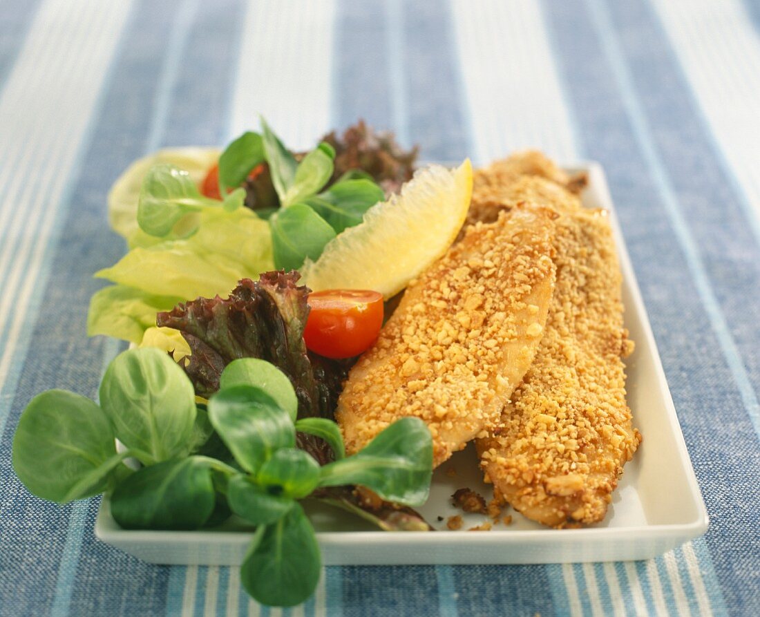 breaded chicken breast and salad