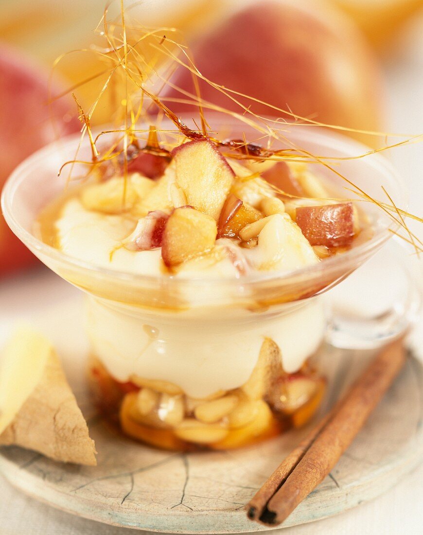 caramelized soy cream and fruits