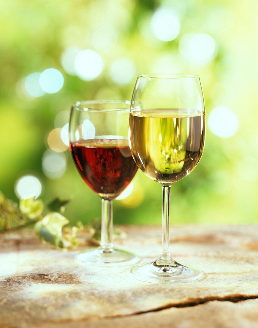 Je ein Glas Rot- und Weißwein auf Steinuntergrund im Freien