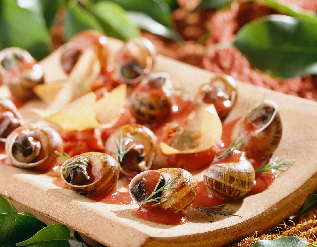 Snails in spicy sauce, filo pastry chips