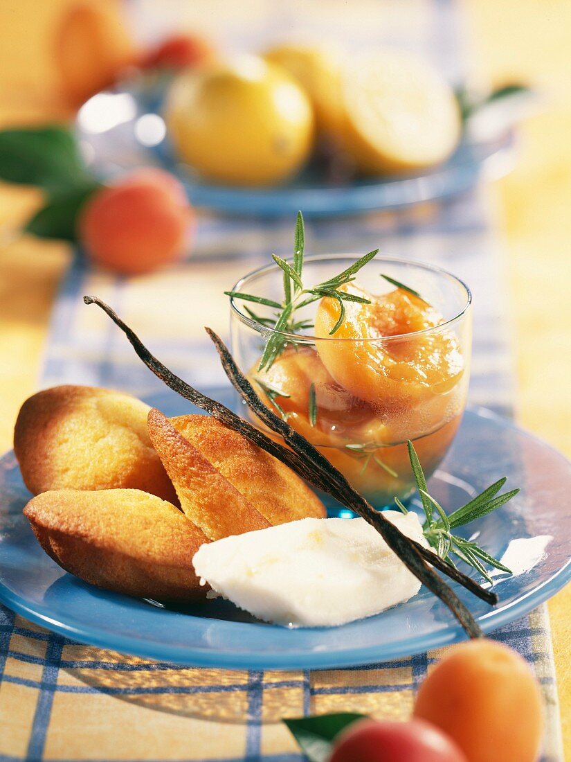 Zitronen-Madeleines, pochierte Aprikosen mit Rosmarin und Zitronensorbet