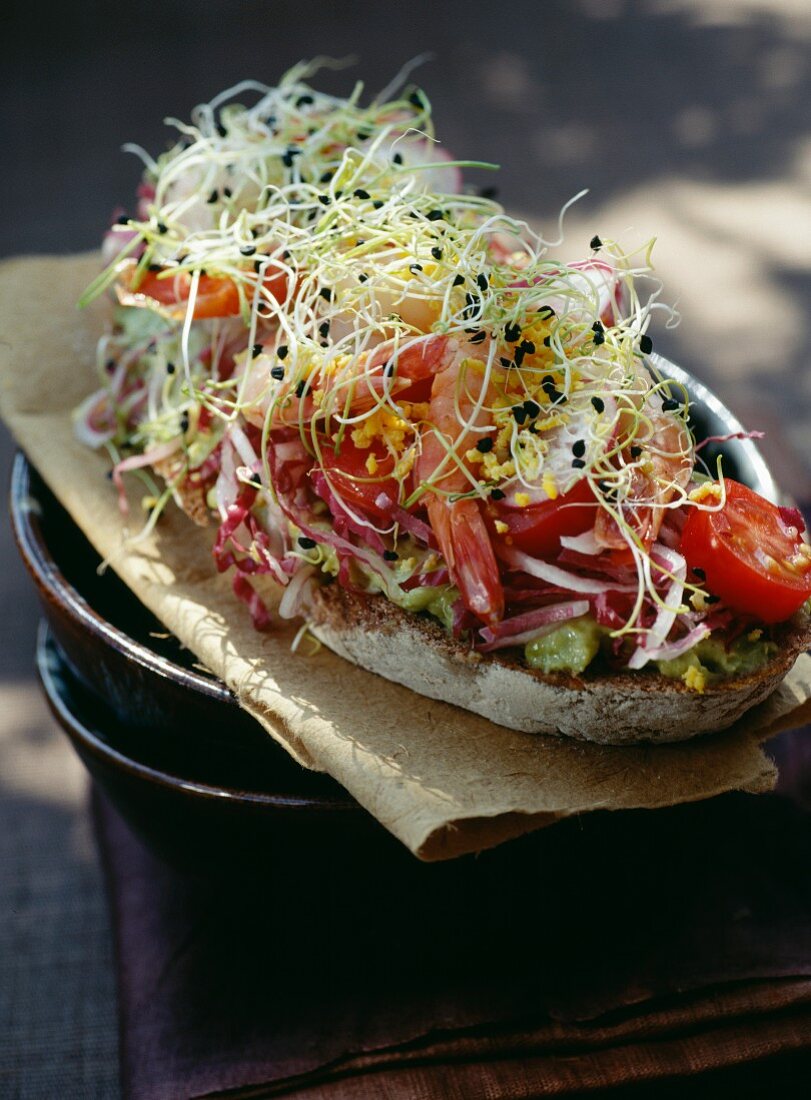 Belegtes Brot mit Gemüse, Krustentieren und Sprossen