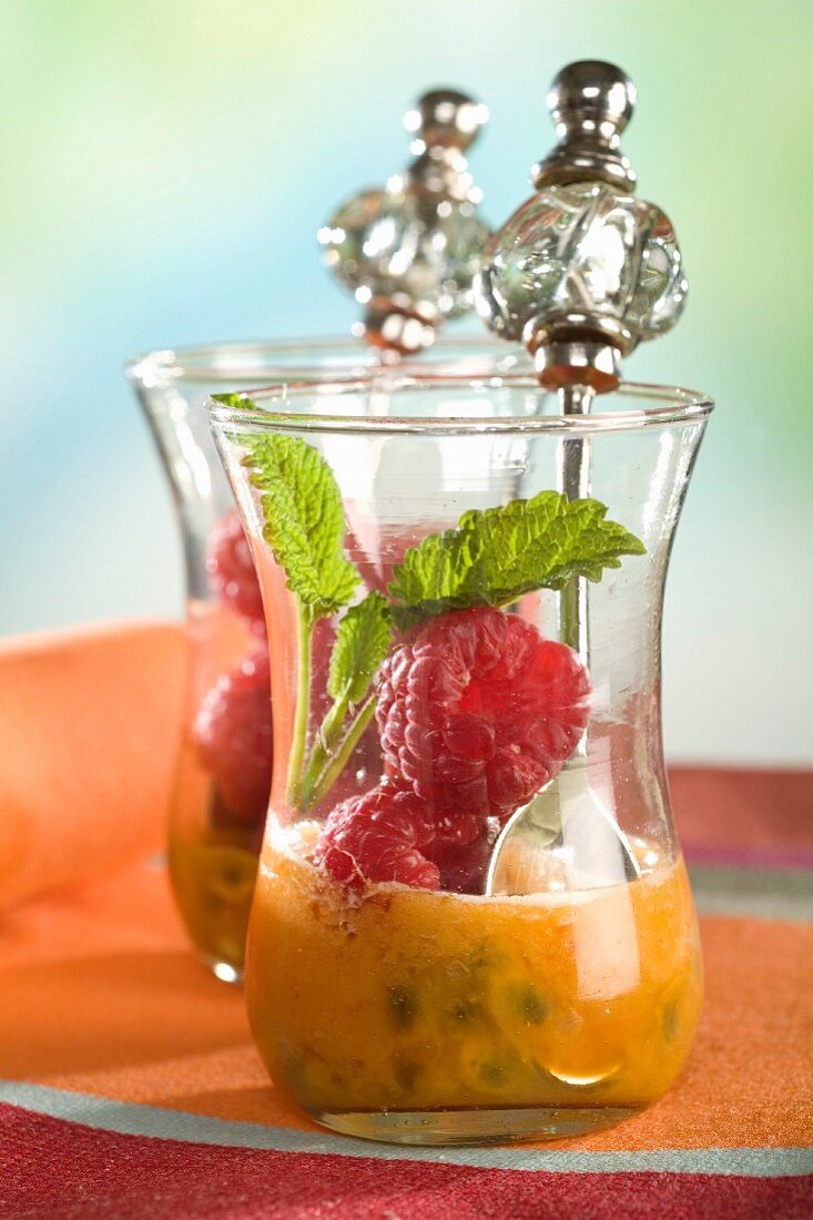 Raspberries with passionfruit juice