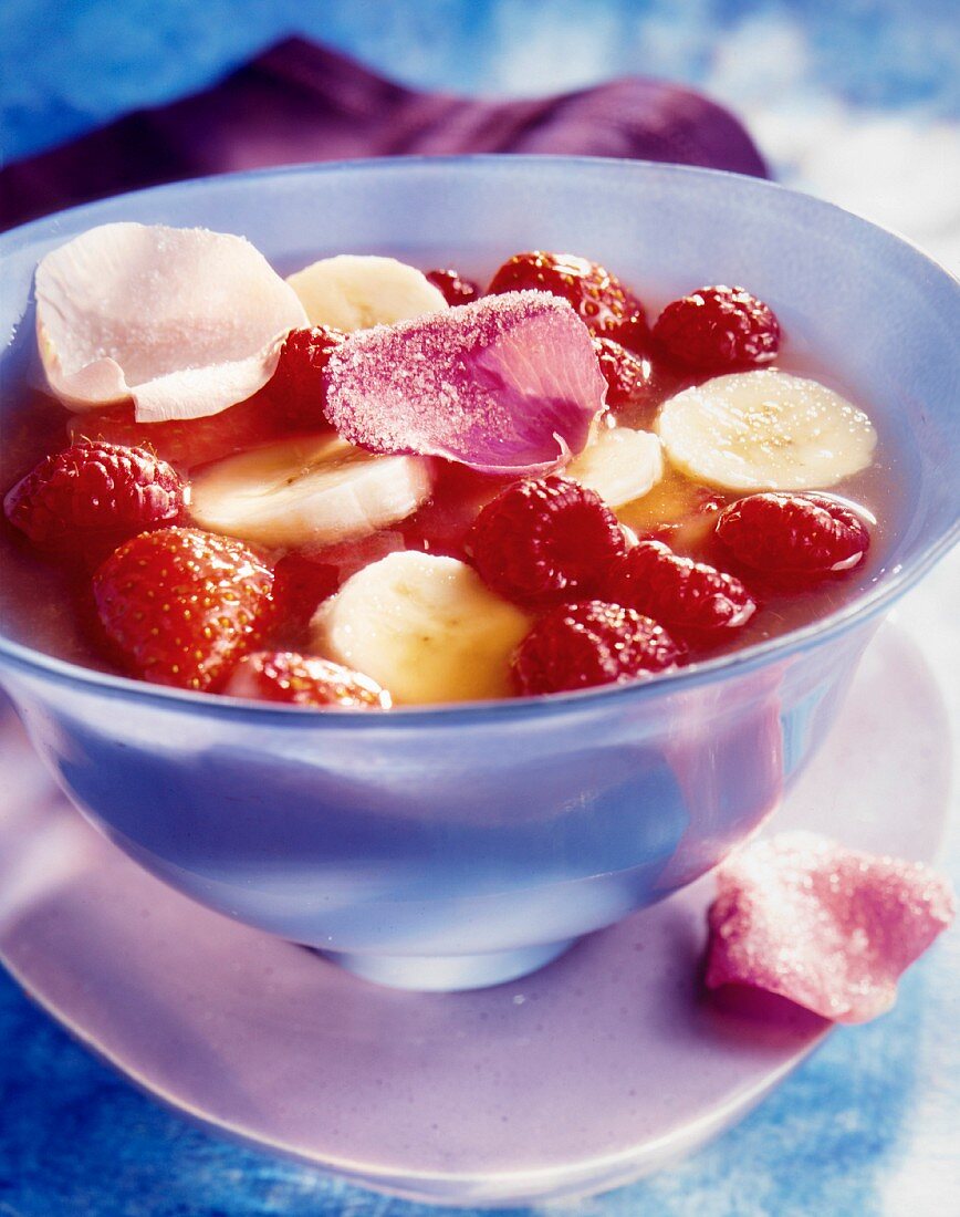 Summer fruit, banana and rose petal soup