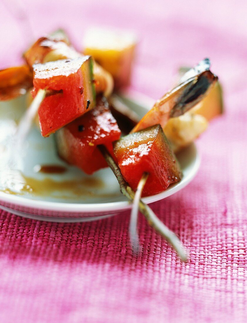 Shrimp,melon and watermelon brochettes