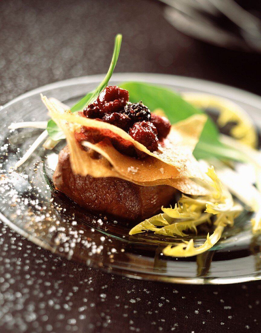 Tournedos with crispy red fruit mille-feuille