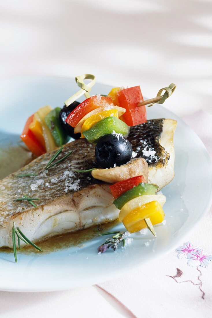 Bass and vegetable skewers