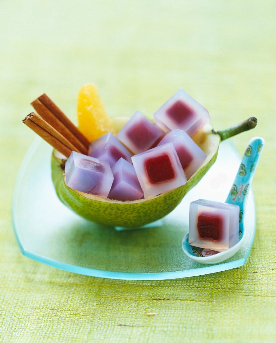 Cubes of pears with red wine in sake jelly